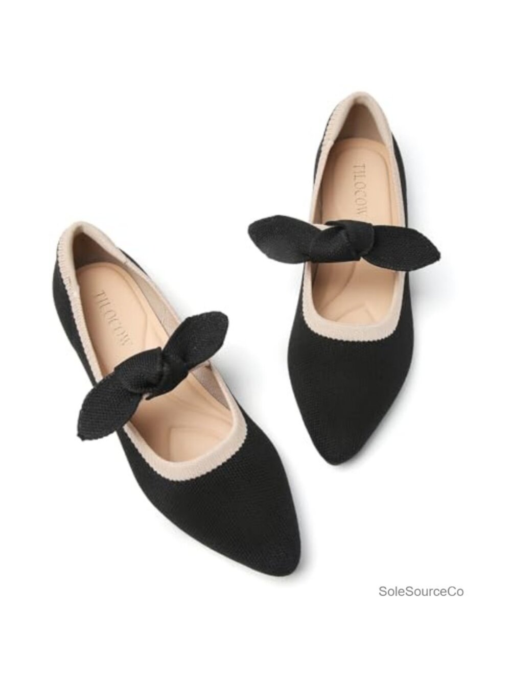 Women's Ballet Flats Pointed Toe Slip-On Knitted Comfort Work Shoes with Bow
